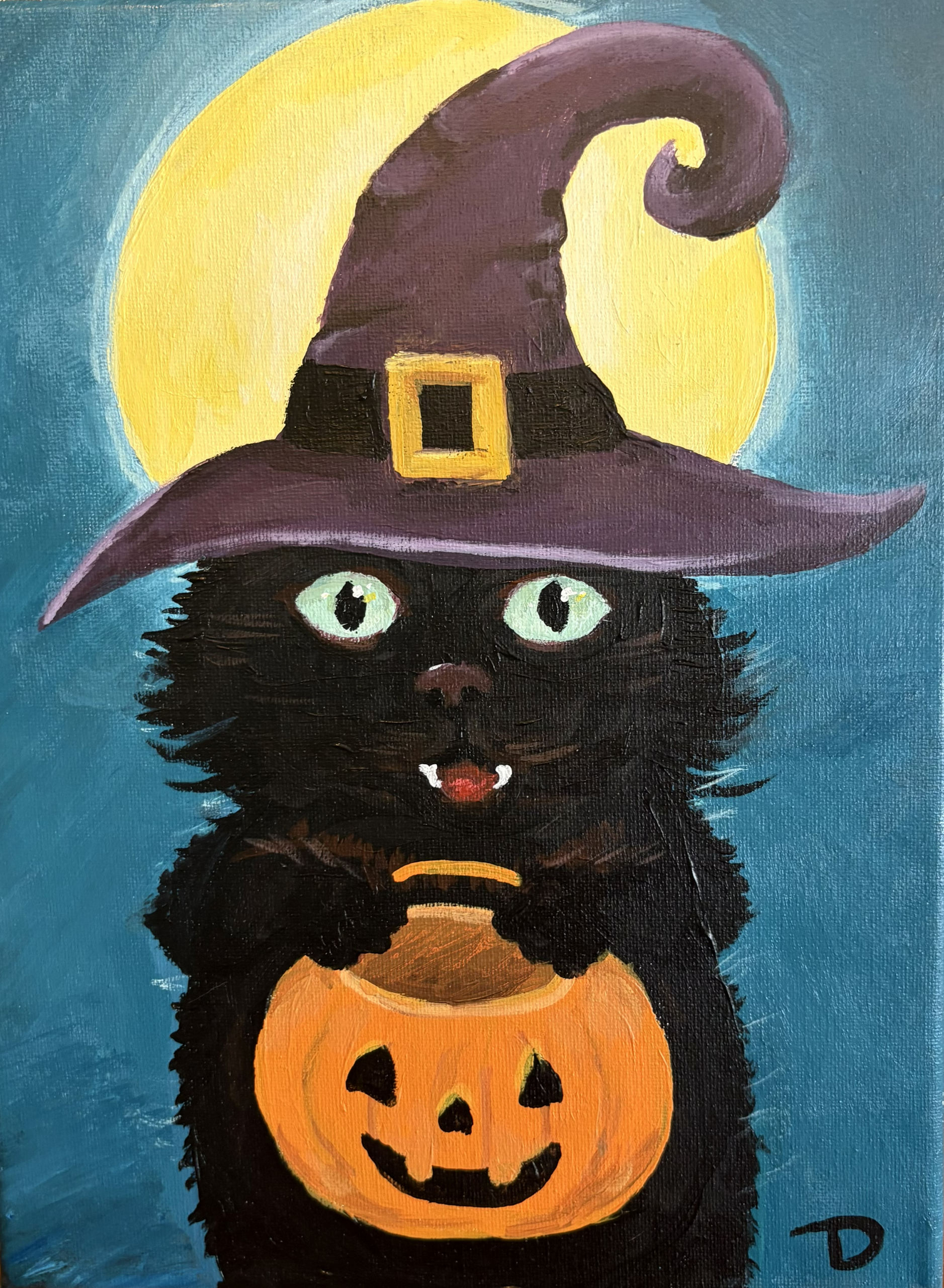 Painting of Olive, a black shelter cat, wearing a witch hat and holding a trick-or-treat pumpkin