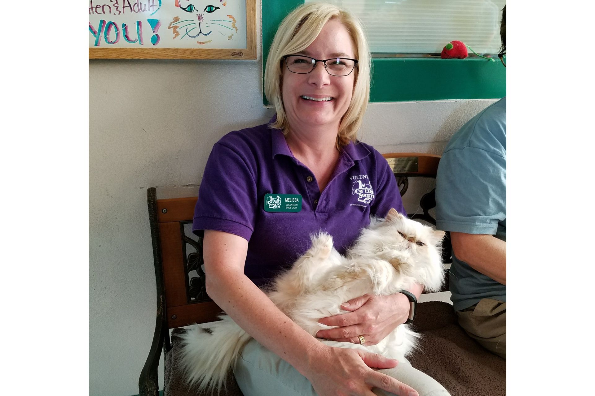 a woman sits on a bench with a white cat on her lap